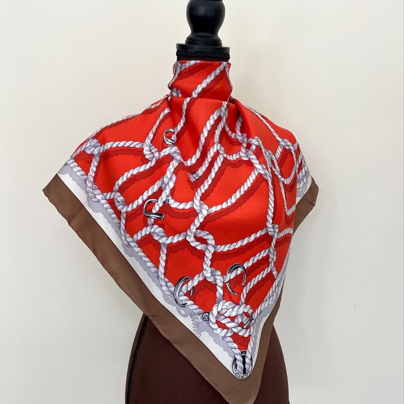 New Gucci Silk Scarf Orange Ropes Print Beige Border Silk Wrap Scarf - Picture 1 of 14